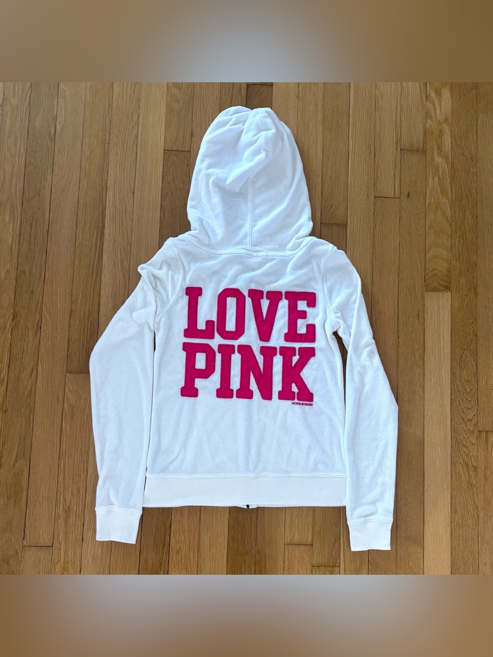 Vintage Victorias Secret PINK Terry Cloth Hoodie White Pink Spellout S RARE 2011